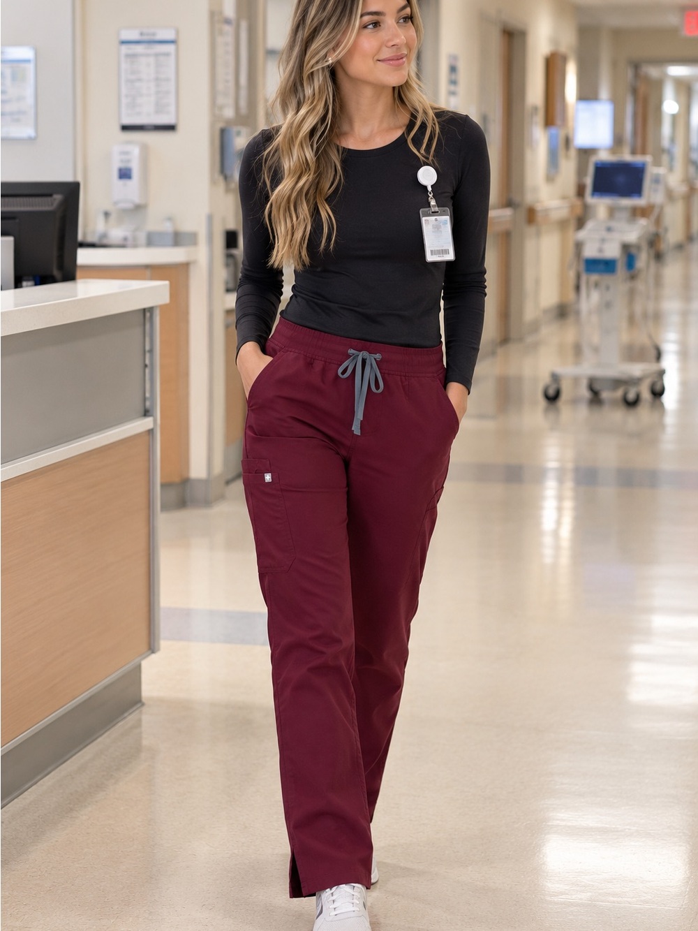 FIGS Straight-Leg Scrub Pants in Maroon with Gray Drawstring